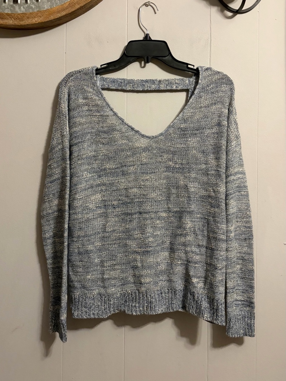 Express Heather Light Blue and White V-Neck Sweater